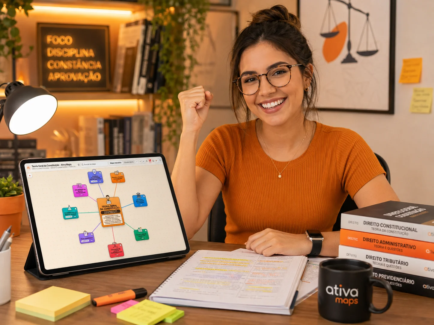 Estudante de concurso com o Ativa Maps aberto no tablet, ao lado de livros de Direito