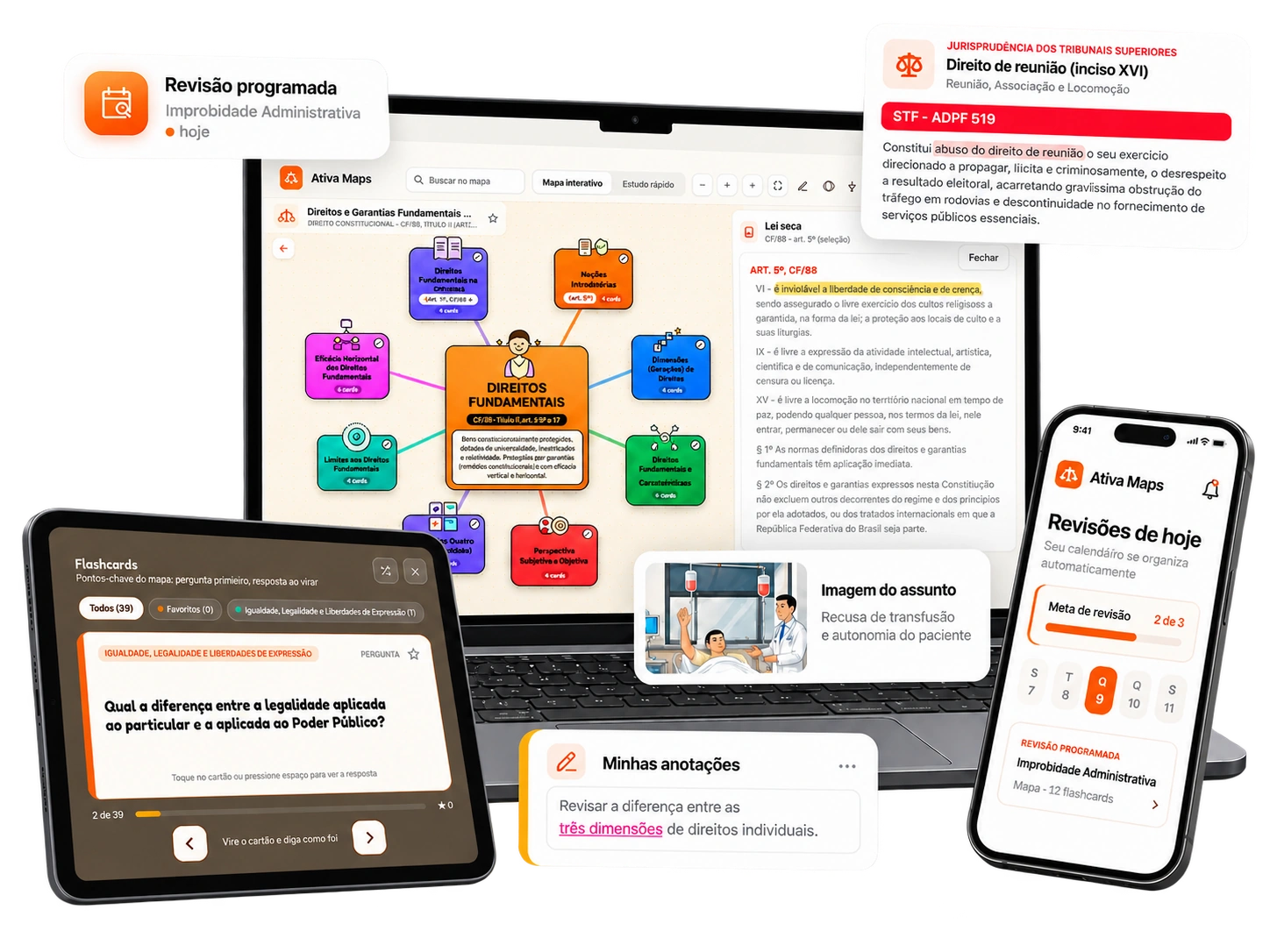 Ativa Maps no notebook, tablet e celular, com mapa interativo, lei seca, jurisprudência, flashcards, imagens, anotações e revisões programadas
